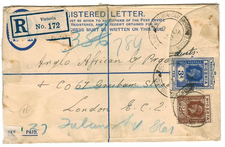 CAMEROONS - 1923 3d blue RPSE of Nigeria uprated with 2d adhesive at VICTORIA/CAMEROONS.