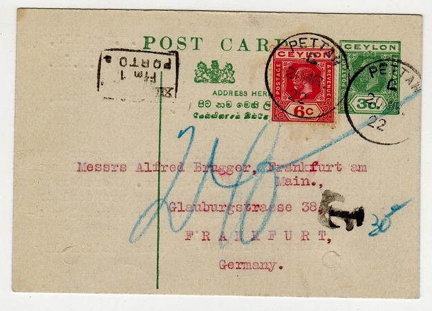 CEYLON - 1920 3c green PSC to Germany uprated with 6c adhesive at PETTAH.  H&G 55.