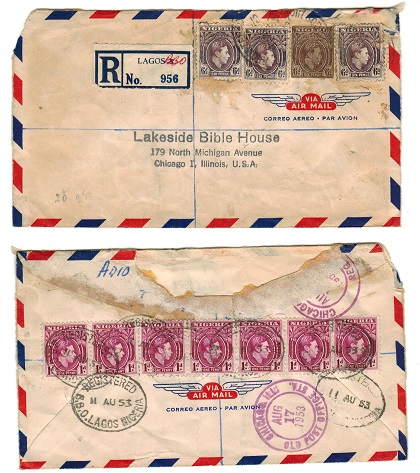 NIGERIA - 1953 registered cover to USA with KGVI 6d stationery 
