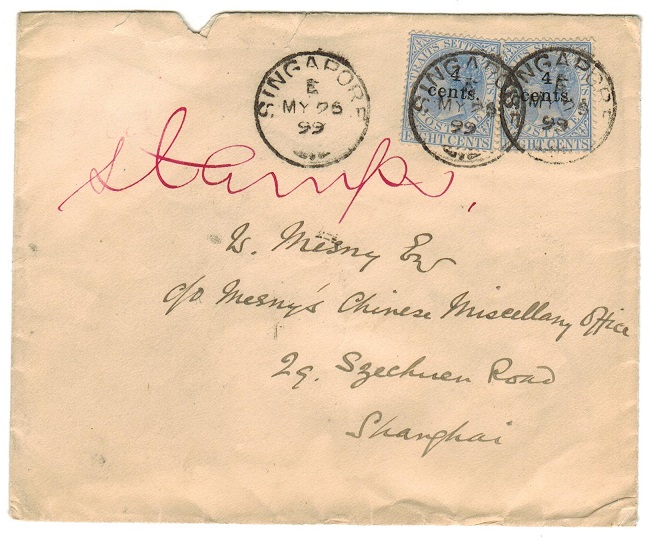 SINGAPORE - 1899 4c on 8c surcharge pair used on cover to China.