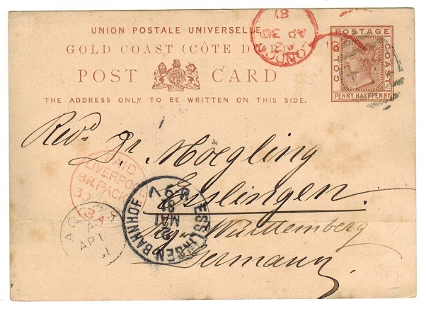 GOLD COAST - 1880 1 1/2d reddish brown PSC to Germany used at ACCRA.  H&G 1.