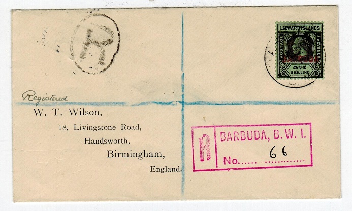 BARBUDA - 1924 registered cover to UK with 1/- overprint tied BARBUDA.