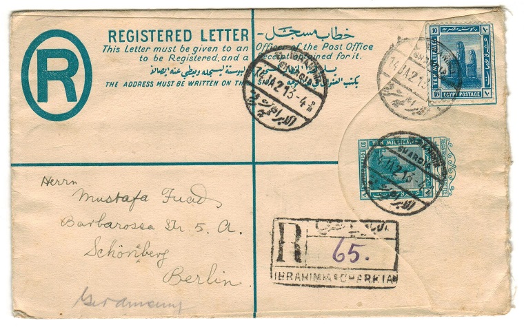 EGYPT - 1913 10m blue RPSE uprated to Germany and used at EL EBRAHIM/SWARDIA.  H&G 2.