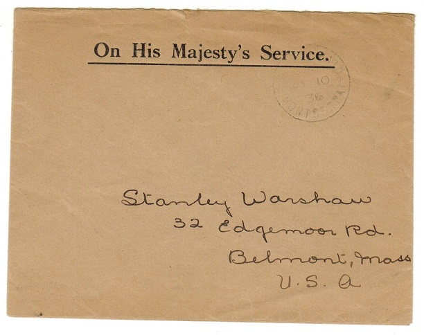 MONTSERRAT - 1936 OHMS cover to USA struck OFFICIAL PAID/MONTSERRAT.