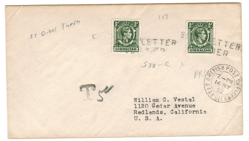 MOROCCO AGENCIES - 1952 cover to USA with struck SHIP LETTER/TANGIER. 