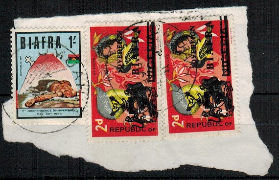 BIAFRA - 1968 2d (x2)+ 1/- piece used at UMUAHIA.