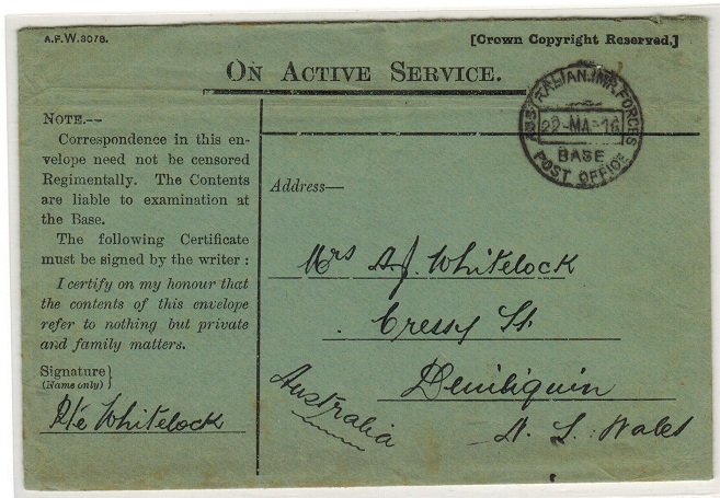 AUSTRALIA - 1916 use of ON ACTIVE SERVICE 