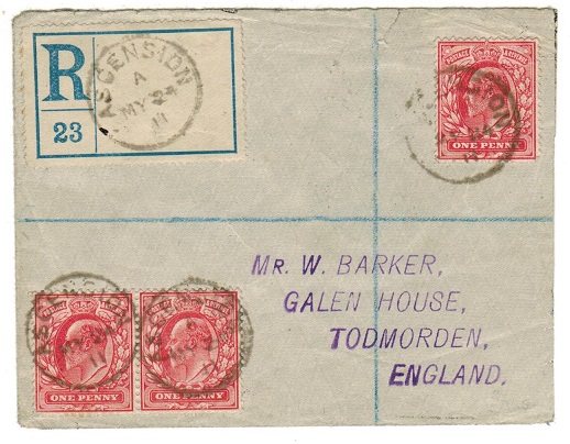 ASCENSION - 1911 registered cover to UK bearing GB 1d (x3) tied ASCENSION.