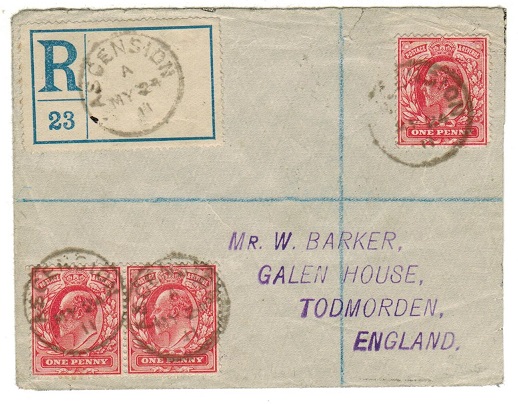 ASCENSION - 1911 registered cover to UK bearing GB 1d (x3) tied ASCENSION.