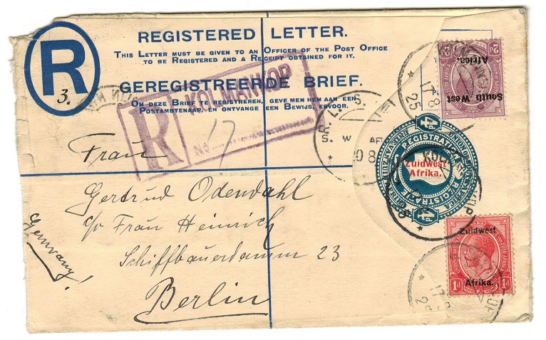 SOUTH WEST AFRICA - 1923 4d RPSE to Germany uprated from KOLMANKOP.  H&G 8.