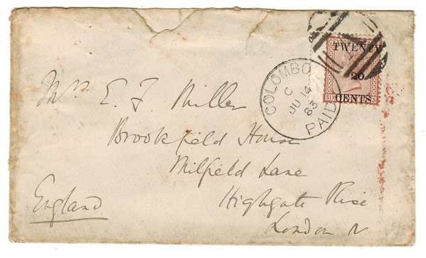 CEYLON - 1883 20c on 64c surcharge adhesive use on cover to UK with COLOMBO/PAID cds.