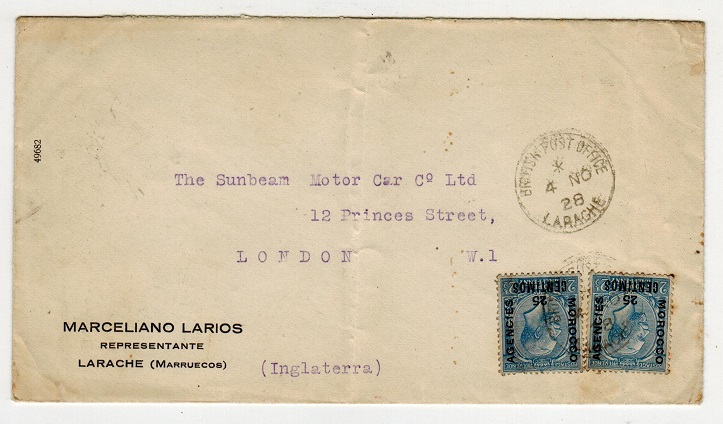 MOROCCO AGENCIES - 1928 25c on 2 1/2d (x2) on cover to UK used at LARACHE.