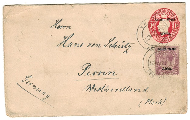 SOUTH WEST AFRICA - 1923 1d red PSE uprated to Germany at WALVIS BAY/SWA.  H&G 3a.