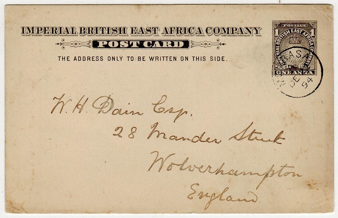 BRITISH EAST AFRICA - 1893 1a PSC written at Rabai and posted at MOMBASA.  H&G 2.
