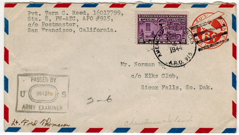 CHRISTMAS ISLANDS - 1944 US 6c PSE uprated at APO 915 at Christmas Islands.