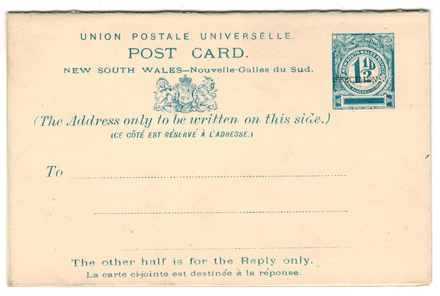 NEW SOUTH WALES - 1893 1 1/2d+ 1 1/2d PSRC unused SPECIMEN.  H&G 15.