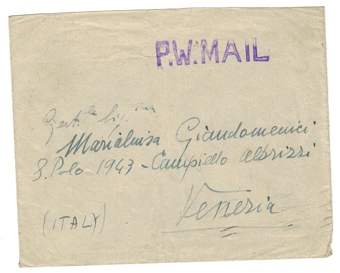 GIBRALTAR - 1946 stampless prisoner of war mail cover to Italy.