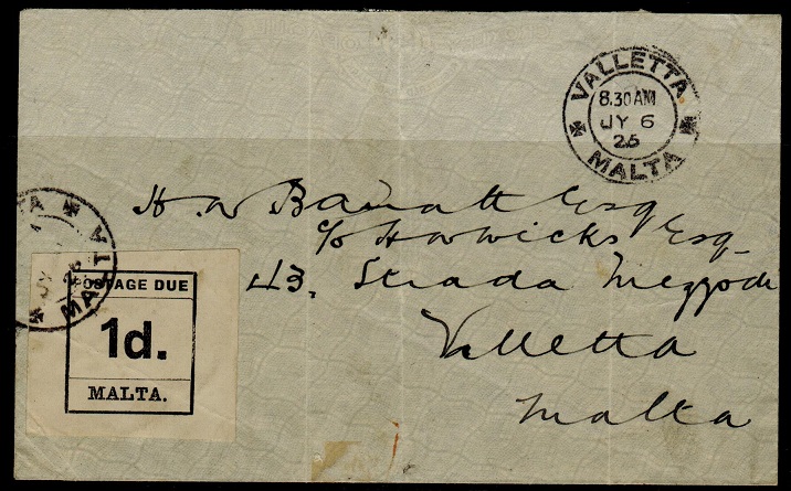 MALTA - 1925 stampless local cover (creases) with 1d 