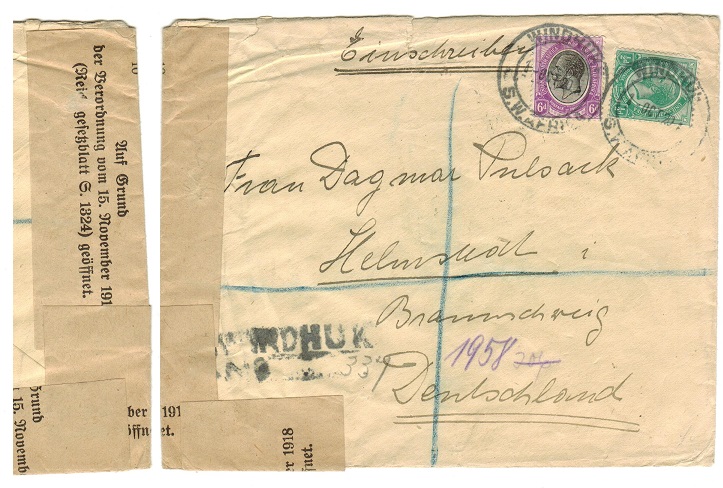 SOUTH WEST AFRICA - 1920 cover to Germany with official regulation label added on arrival.