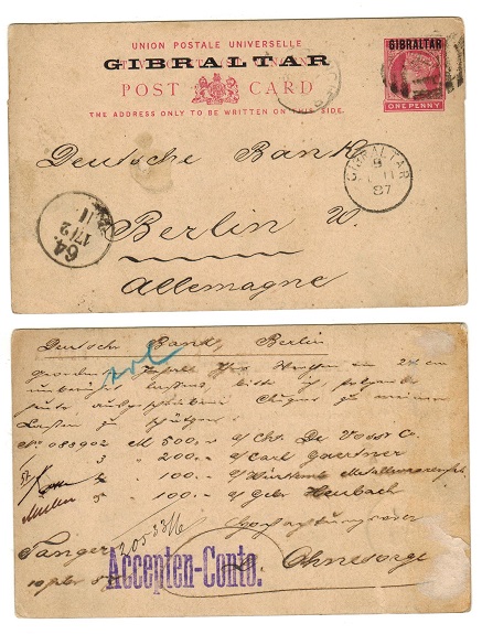 MOROCCO AGENCIES - 1887 1d St.Vincent PSC overprinted GIBRALTAR used at TANGIER. H&G 2a.