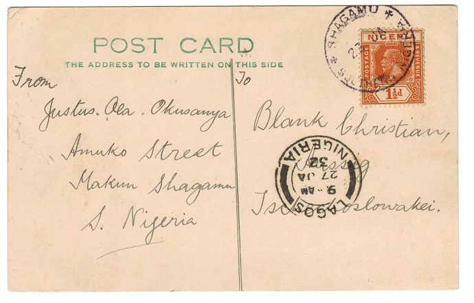 NIGERIA - 1932 1 1/2d rate postcard use to Czechoslovakia (scarce) from SHAGAMU.