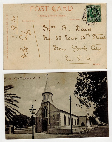 ANTIGUA - 1910 1/2d rate postcard use to USA used at ST.JOHN