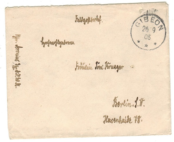 SOUTH WEST AFRICA - 1905 military stampless cover to Germany used at GIBEON.