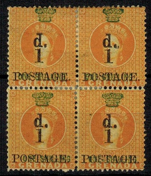 GRENADA - 1883 1d on 1/- orange surcharge mint block of four.  SG 38.