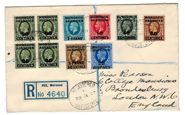 MOROCCO AGENCIES - 1937 multi franked registered cover to UK used at FEZ.