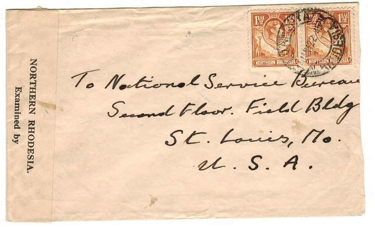 NORTHERN RHODESIA - 1942 censor cover to USA.