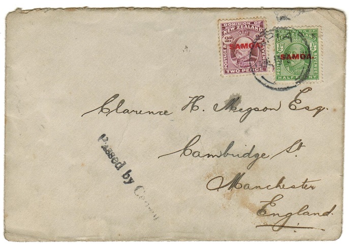 SAMOA - 1918 2 1/2d rate censor cover to UK.