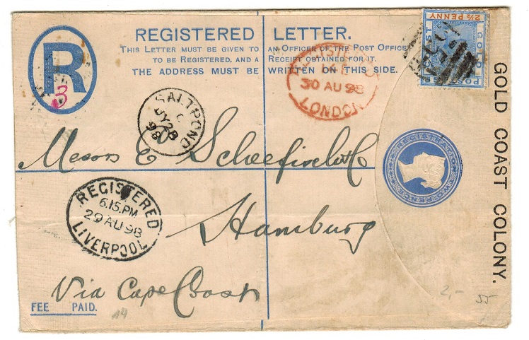 GOLD COAST - 1894 2d blue RPSE uprated with 2 1/2d to Germany from SALTPOND. H&G 5a.