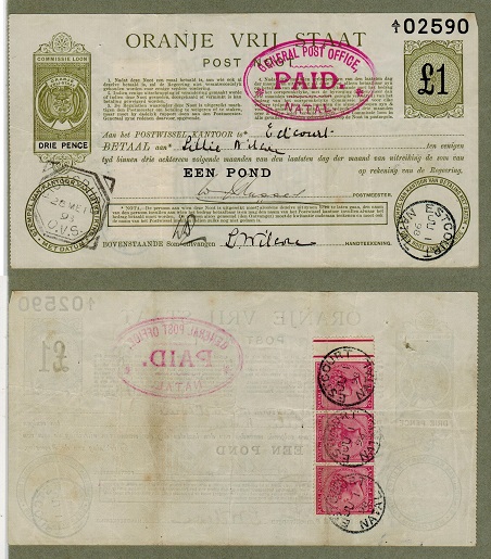 ORANGE FREE STATE - 1898 20/- olive green POSTAL ORDER.  H&G 10.