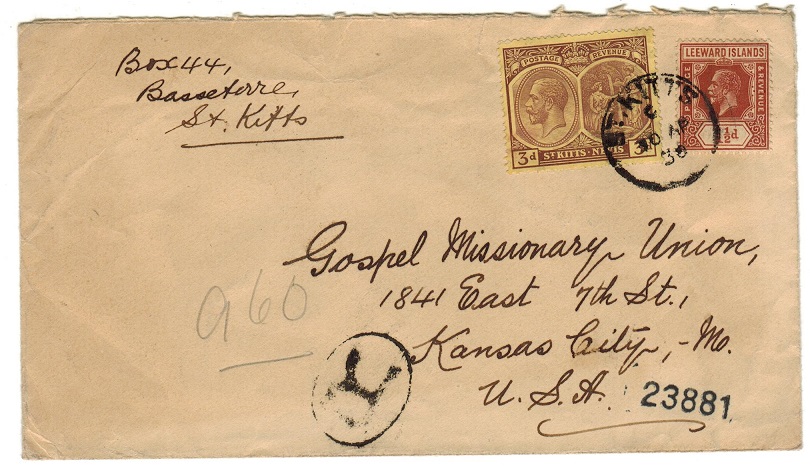 ST.KITTS - 1930 registered 4 1/2d rate combination cover to USA.