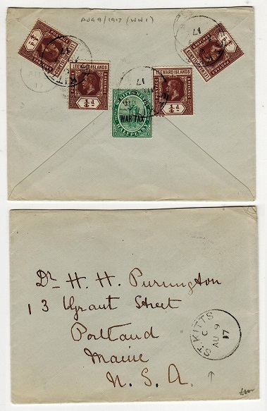 ST.KITTS - 1917 cover to USA with Leeward Island 1/4d (x4) used with 1/2d WAR TAX issue.