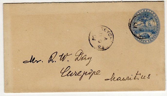 SEYCHELLES - 1895 15c PSE addressed to Mauritius. H&G 2a.