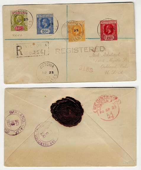 SEYCHELLES - 1923 multi franked registered cover to USA with Edward VII 18c.