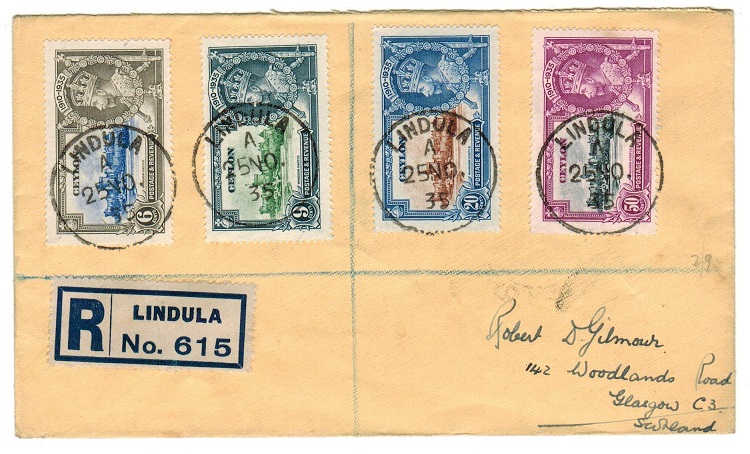CEYLON - 1935 registered cover to UK with 