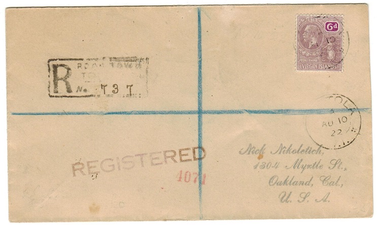 BRITISH VIRGIN ISLANDS - 1922 6d rate registered cover to USA used at TORTOLA.