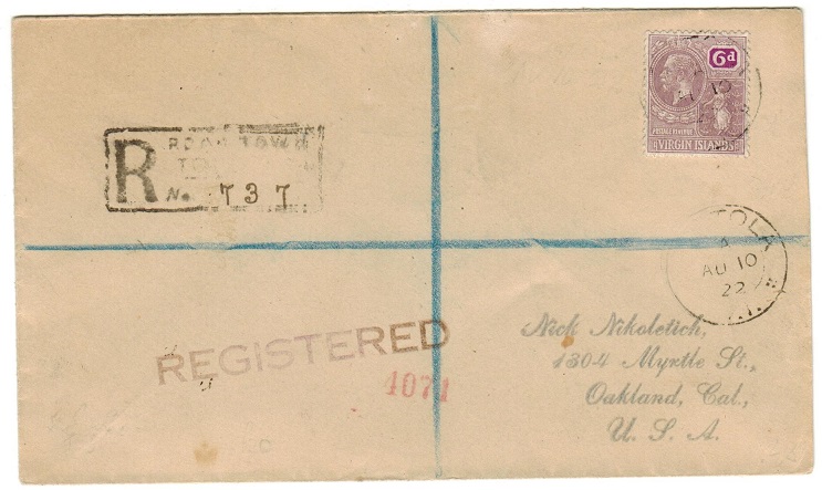 BRITISH VIRGIN ISLANDS - 1922 6d rate registered cover to USA used at TORTOLA.