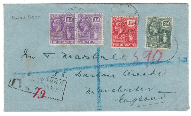 BRITISH VIRGIN ISLANDS - 1927 registered cover to UK used at TORTOLA.