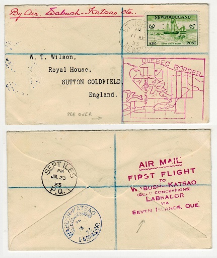 NEWFOUNDLAND - 1933 first flight cover with rare 60c 