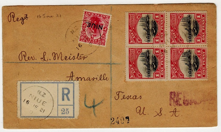 NIUE - 1921 registered cover to USA.