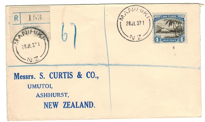 COOK ISLANDS - 1937 4d rate registered cover to NZ used at MANUHUKI.