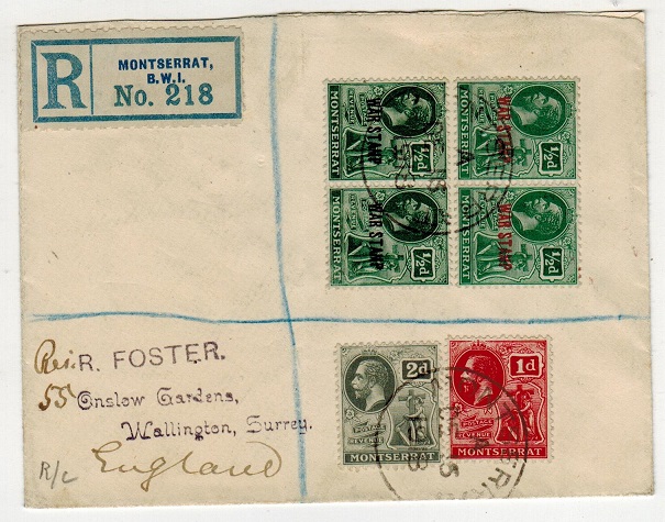 MONTSERRAT - 1918 registered cover to UK with 1/2d 