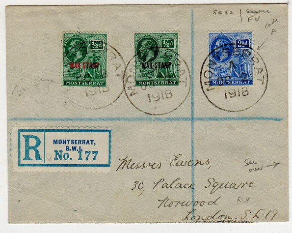 MONTSERRAT - 1918 registered cover to UK with 