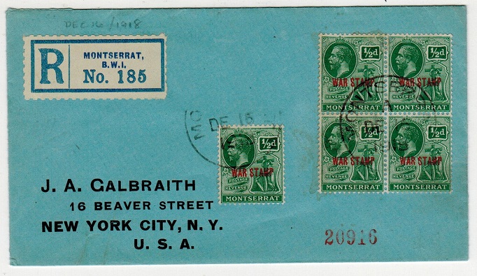 MONTSERRAT - 1918 registered cover to USA with 1/2d 