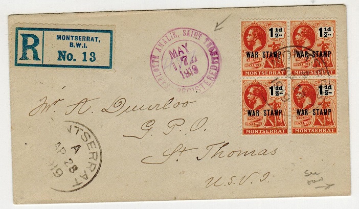 MONTSERRAT - 1919 registered cover to USA with 1 1/2d 