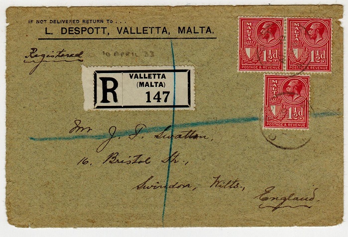 MALTA - 1933 4 1/2d rate registered cover to UK.