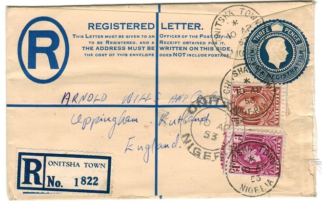 NIGERIA - 1938 3d dark blue uprated RPSE to UK used at ONITSHA TOWN. H&G 6.